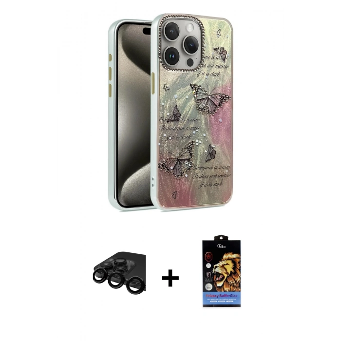 MARSİLYAN™- iPhone 15 Pro Max Kılıf Zirve Modern Prime - Siyah Buffer Hayalet Cam Ekran Koruyucu + Raze Metal Kamera Lens - SH