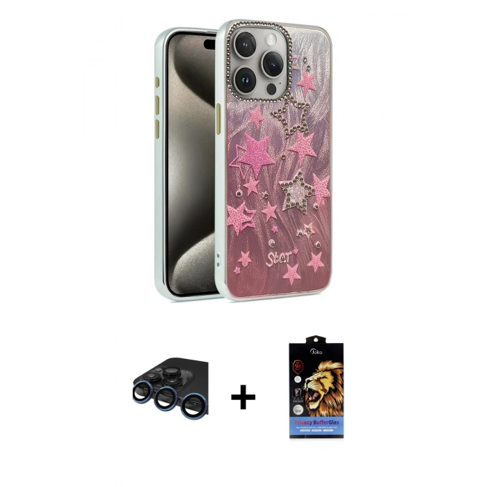 MARSİLYAN™- iPhone 15 Pro Max Kılıf Zirve Modern Prime - Siyah Buffer Hayalet Cam Ekran Koruyucu + Raze Metal Kamera Lens - LT