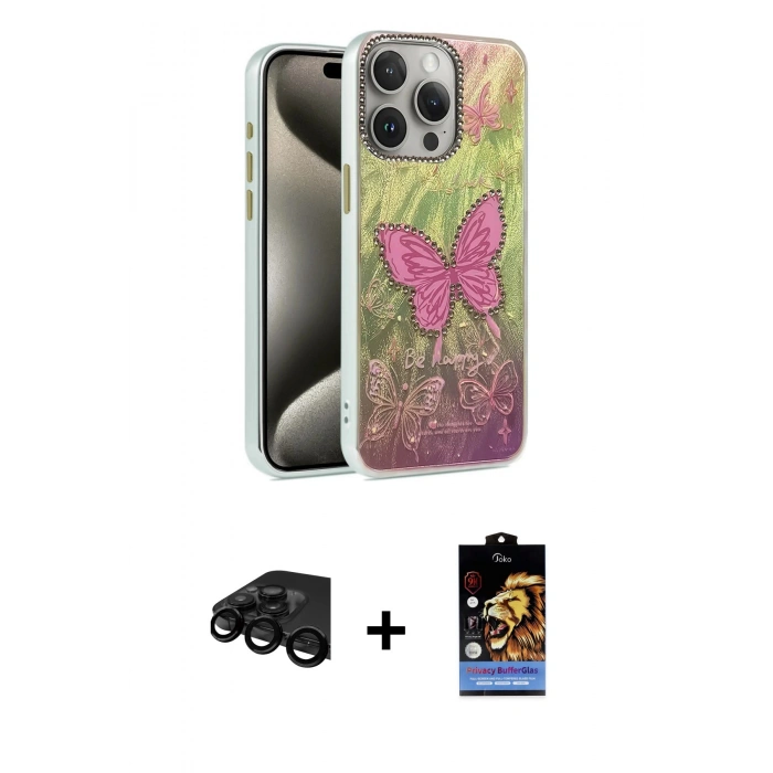 MARSİLYAN™- iPhone 15 Pro Max Kılıf Zirve Modern Prime - Siyah Buffer Hayalet Cam Ekran Koruyucu + Raze Metal Kamera Lens - SH