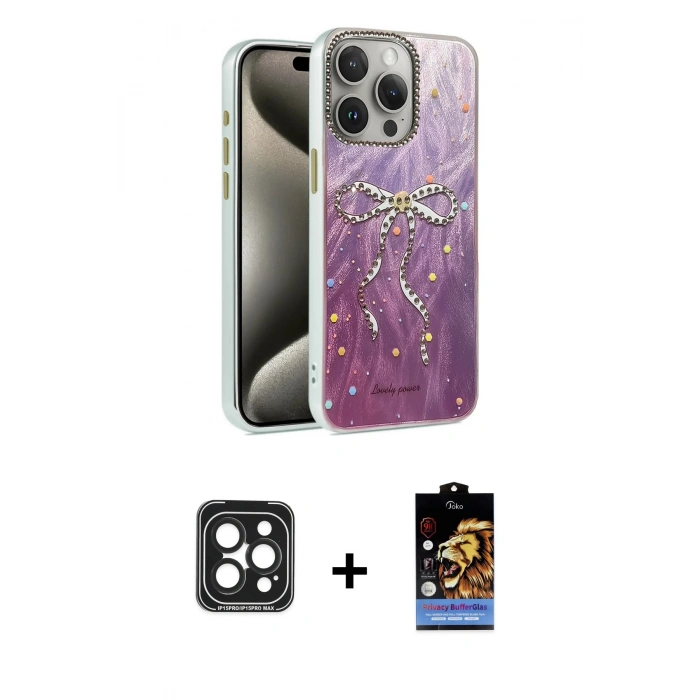 MARSİLYAN™- iPhone 15 Pro Max Kılıf Zirve Modern Prime - Siyah Buffer Hayalet Cam Ekran Koruyucu + PVD Metal Kamera Lens - SH