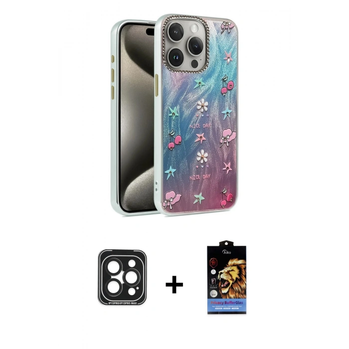 MARSİLYAN™- iPhone 15 Pro Max Kılıf Zirve Modern Prime - Siyah Buffer Hayalet Cam Ekran Koruyucu + PVD Metal Kamera Lens - SH