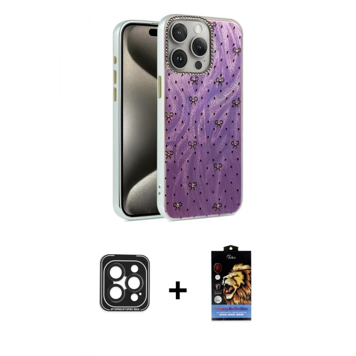 MARSİLYAN™- iPhone 15 Pro Max Kılıf Zirve Modern Prime - Siyah Buffer Hayalet Cam Ekran Koruyucu + PVD Metal Kamera Lens - SH