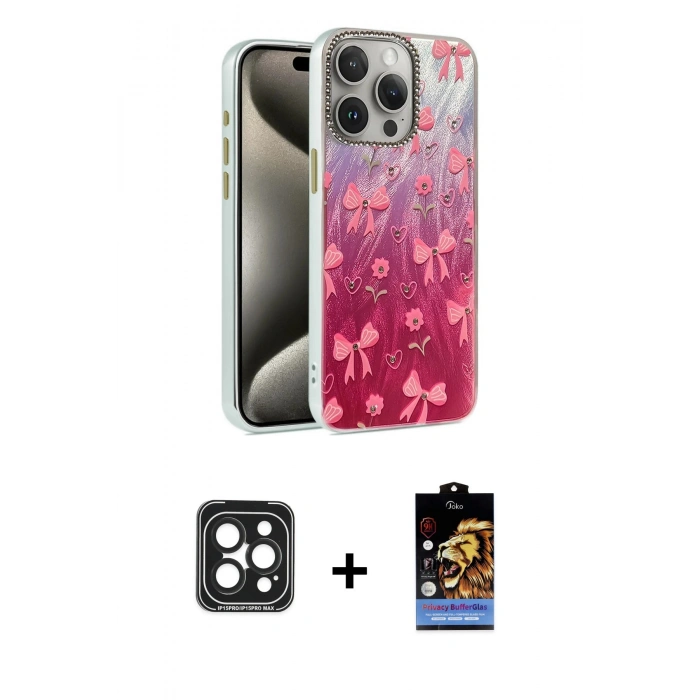 MARSİLYAN™- iPhone 15 Pro Max Kılıf Zirve Modern Prime - Siyah Buffer Hayalet Cam Ekran Koruyucu + PVD Metal Kamera Lens - SH