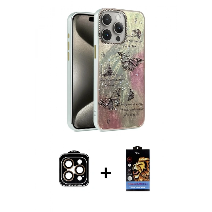 MARSİLYAN™- iPhone 15 Pro Max Kılıf Zirve Modern Prime - Siyah Buffer Hayalet Cam Ekran Koruyucu + PVD Metal Kamera Lens - TU
