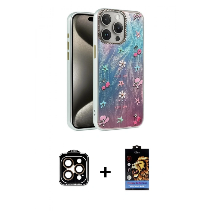 MARSİLYAN™- iPhone 15 Pro Max Kılıf Zirve Modern Prime - Siyah Buffer Hayalet Cam Ekran Koruyucu + PVD Metal Kamera Lens - TU