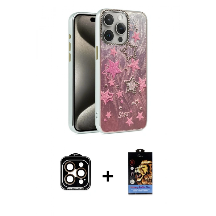 MARSİLYAN™- iPhone 15 Pro Max Kılıf Zirve Modern Prime - Siyah Buffer Hayalet Cam Ekran Koruyucu + PVD Metal Kamera Lens - TU