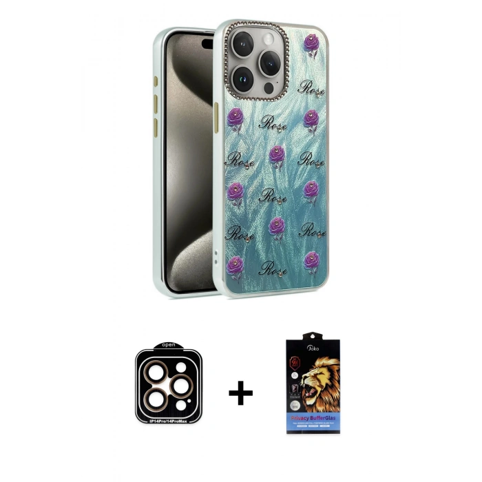 MARSİLYAN™- iPhone 15 Pro Max Kılıf Zirve Modern Prime - Siyah Buffer Hayalet Cam Ekran Koruyucu + PVD Metal Kamera Lens - TU