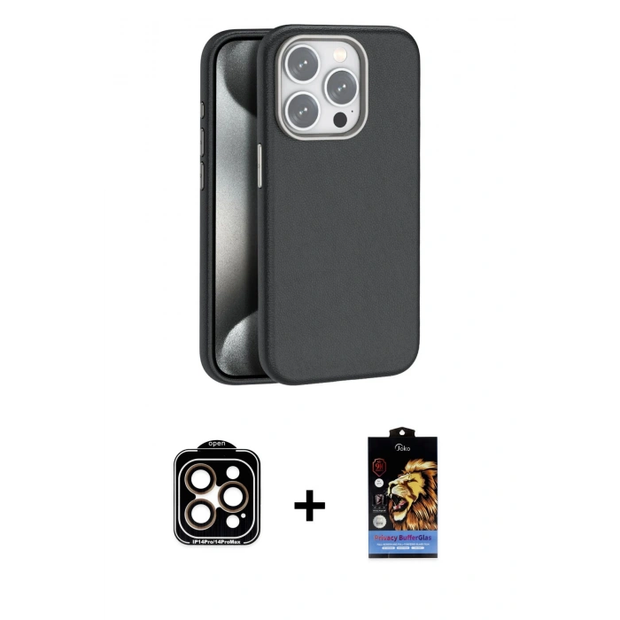 MARSİLYAN™- iPhone 15 Pro Max Kılıf Zirve Modern Prime - Siyah Buffer Hayalet Cam Ekran Koruyucu + PVD Metal Kamera Lens - TU