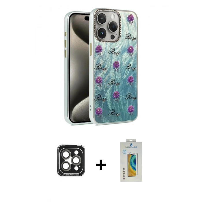 MARSİLYAN™- iPhone 15 Pro Max Kılıf Zirve Modern Prime - Siyah Polymer Nano Ekran Koruyucu + PVD Metal Kamera Lens - GI