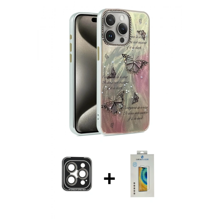 MARSİLYAN™- iPhone 15 Pro Max Kılıf Zirve Modern Prime - Siyah Polymer Nano Ekran Koruyucu + PVD Metal Kamera Lens - GI