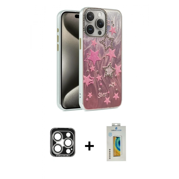 MARSİLYAN™- iPhone 15 Pro Max Kılıf Zirve Modern Prime - Siyah Polymer Nano Ekran Koruyucu + PVD Metal Kamera Lens - GS