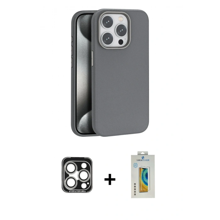 MARSİLYAN™- iPhone 15 Pro Max Kılıf Zirve Modern Prime - Siyah Polymer Nano Ekran Koruyucu + PVD Metal Kamera Lens - GS
