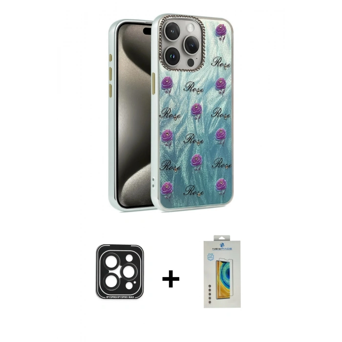 MARSİLYAN™- iPhone 15 Pro Max Kılıf Zirve Modern Prime - Siyah Polymer Nano Ekran Koruyucu + PVD Metal Kamera Lens - SH