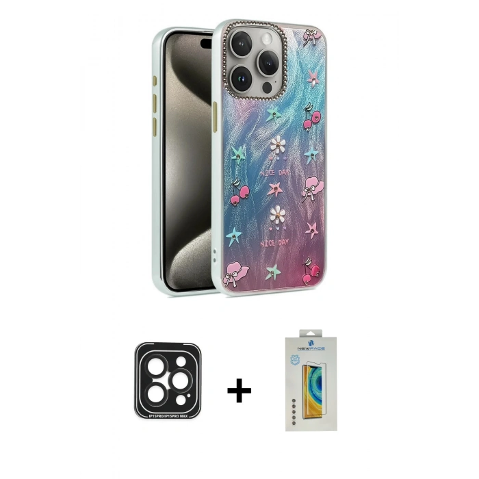 MARSİLYAN™- iPhone 15 Pro Max Kılıf Zirve Modern Prime - Siyah Polymer Nano Ekran Koruyucu + PVD Metal Kamera Lens - SH