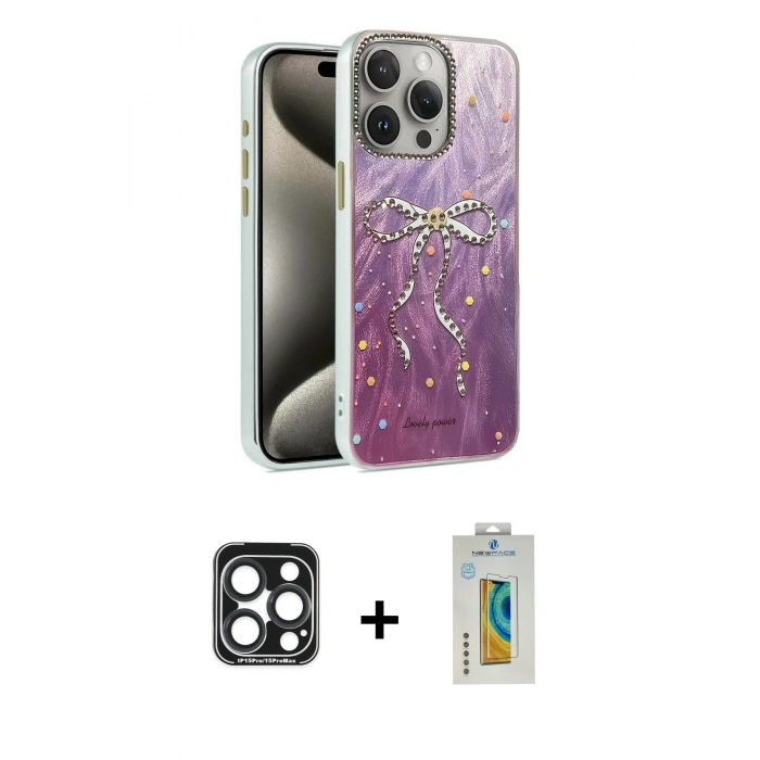 MARSİLYAN™- iPhone 15 Pro Max Kılıf Zirve Modern Prime - Siyah Polymer Nano Ekran Koruyucu + PVD Metal Kamera Lens - LT
