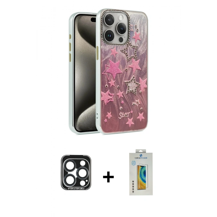 MARSİLYAN™- iPhone 15 Pro Max Kılıf Zirve Modern Prime - Siyah Polymer Nano Ekran Koruyucu + PVD Metal Kamera Lens - LT