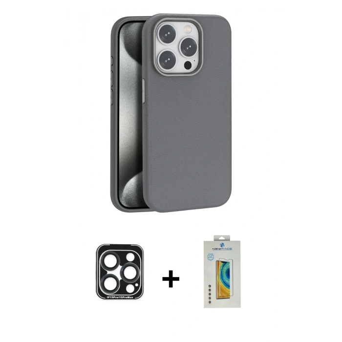 MARSİLYAN™- iPhone 15 Pro Max Kılıf Zirve Modern Prime - Siyah Polymer Nano Ekran Koruyucu + PVD Metal Kamera Lens - LT