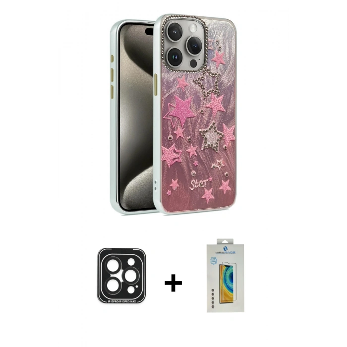 MARSİLYAN™- iPhone 15 Pro Max Kılıf Zirve Modern Prime - Siyah Polymer Nano Ekran Koruyucu + PVD Metal Kamera Lens - SH