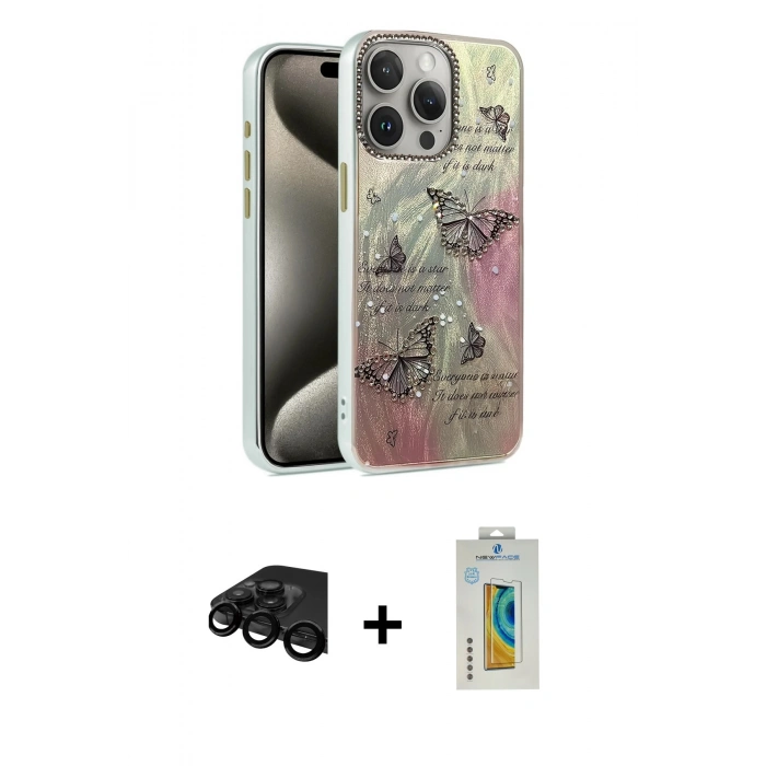 MARSİLYAN™- iPhone 15 Pro Max Kılıf Zirve Modern Prime - Siyah Polymer Nano Ekran Koruyucu + Siyah Raze Metal Kamera Lens