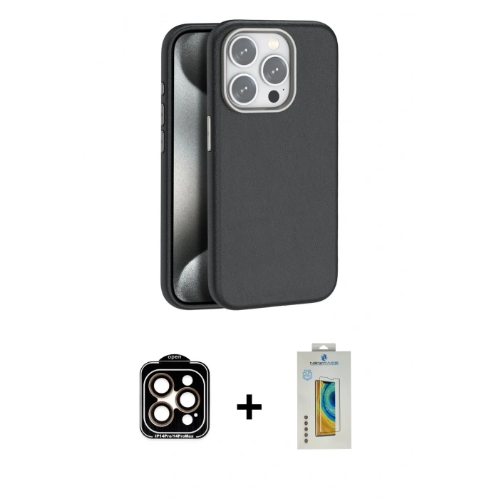 MARSİLYAN™- iPhone 15 Pro Max Kılıf Zirve Modern Prime - Siyah Polymer Nano Ekran Koruyucu + Turuncu PVD Metal Kamera Lens