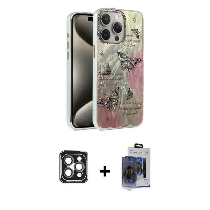 MARSİLYAN™- iPhone 15 Pro Max Kılıf Zirve Modern Prime - Siyah Vanessa Magic Cam + Gri PVD Metal Kamera Lens