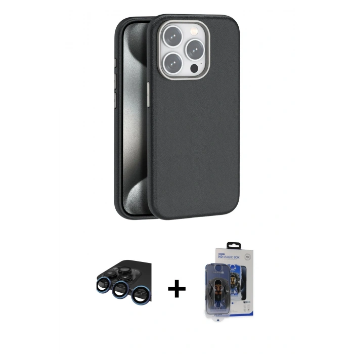MARSİLYAN™- iPhone 15 Pro Max Kılıf Zirve Modern Prime - Siyah Vanessa Magic Cam + Lacivert Raze Metal Kamera Lens
