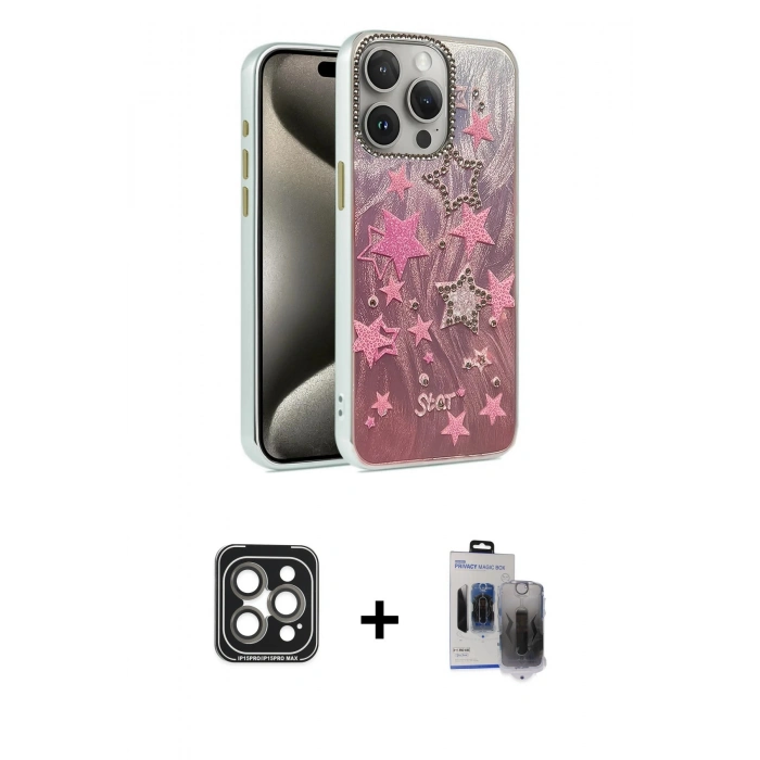 MARSİLYAN™- iPhone 15 Pro Max Kılıf Zirve Modern Prime - Siyah Vanessa Magic Hayalet Cam + PVD Metal Kamera Lens - GI