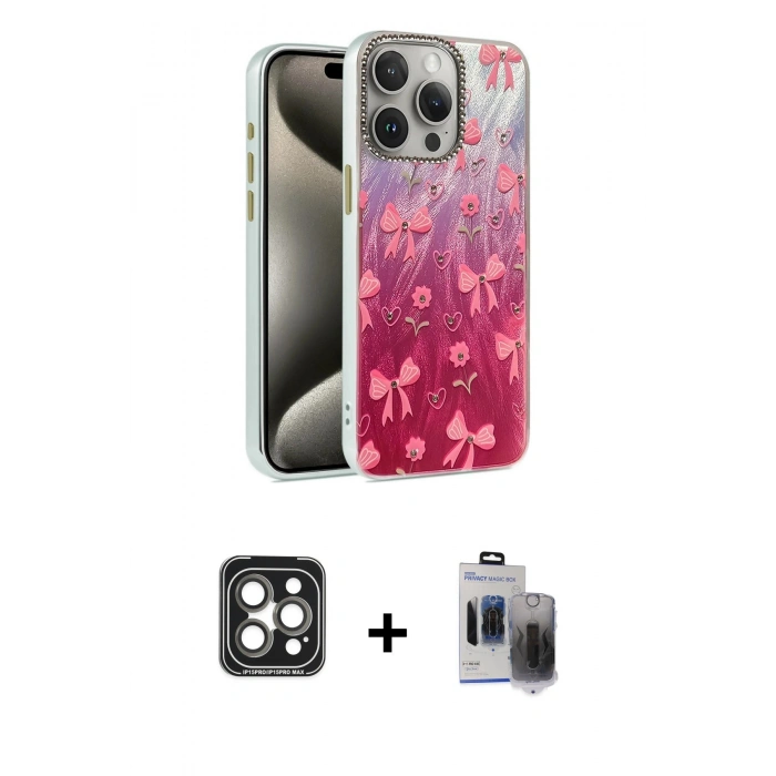 MARSİLYAN™- iPhone 15 Pro Max Kılıf Zirve Modern Prime - Siyah Vanessa Magic Hayalet Cam + PVD Metal Kamera Lens - GI