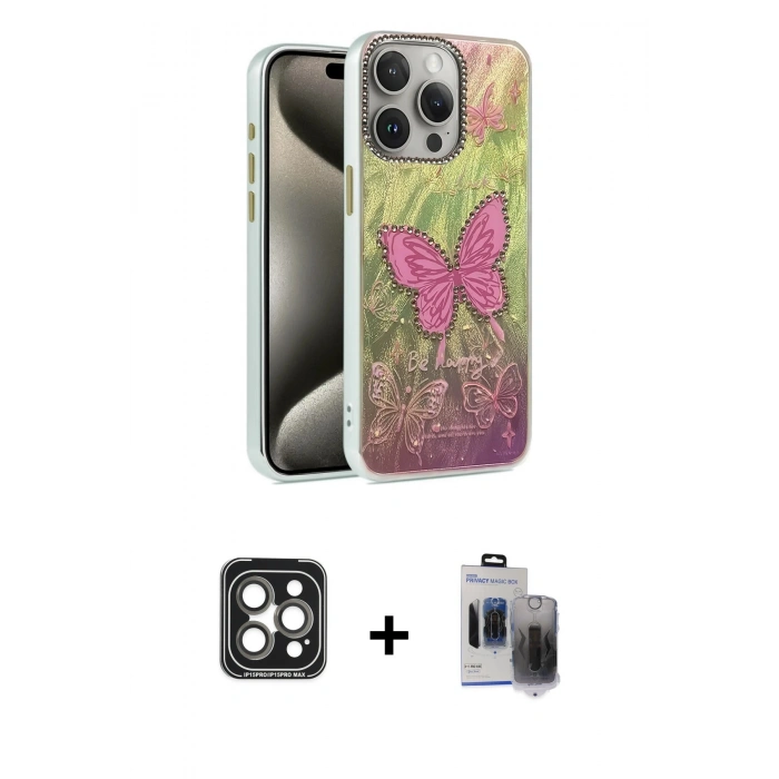 MARSİLYAN™- iPhone 15 Pro Max Kılıf Zirve Modern Prime - Siyah Vanessa Magic Hayalet Cam + PVD Metal Kamera Lens - GI