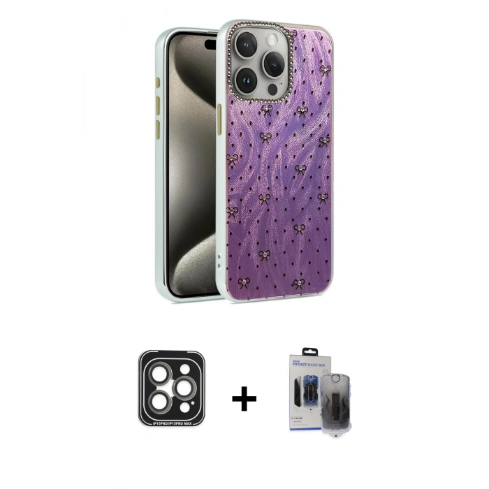 MARSİLYAN™- iPhone 15 Pro Max Kılıf Zirve Modern Prime - Siyah Vanessa Magic Hayalet Cam + PVD Metal Kamera Lens - GI