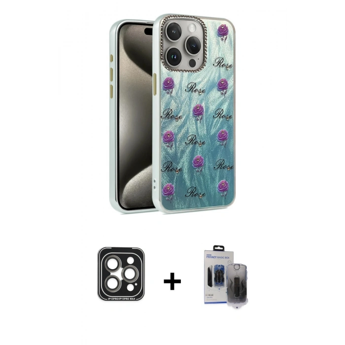 MARSİLYAN™- iPhone 15 Pro Max Kılıf Zirve Modern Prime - Siyah Vanessa Magic Hayalet Cam + PVD Metal Kamera Lens - GI