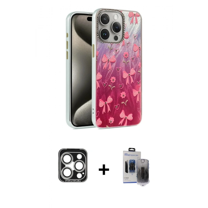MARSİLYAN™- iPhone 15 Pro Max Kılıf Zirve Modern Prime - Siyah Vanessa Magic Hayalet Cam + PVD Metal Kamera Lens - GS