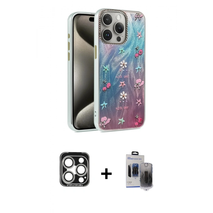 MARSİLYAN™- iPhone 15 Pro Max Kılıf Zirve Modern Prime - Siyah Vanessa Magic Hayalet Cam + PVD Metal Kamera Lens - GS
