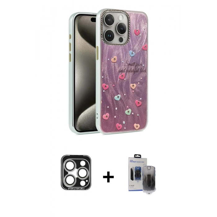 MARSİLYAN™- iPhone 15 Pro Max Kılıf Zirve Modern Prime - Siyah Vanessa Magic Hayalet Cam + PVD Metal Kamera Lens - GS