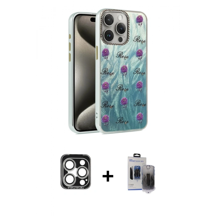 MARSİLYAN™- iPhone 15 Pro Max Kılıf Zirve Modern Prime - Siyah Vanessa Magic Hayalet Cam + PVD Metal Kamera Lens - GS