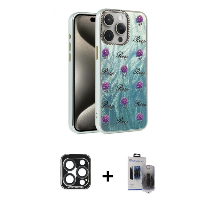 MARSİLYAN™- iPhone 15 Pro Max Kılıf Zirve Modern Prime - Siyah Vanessa Magic Hayalet Cam + PVD Metal Kamera Lens - LT