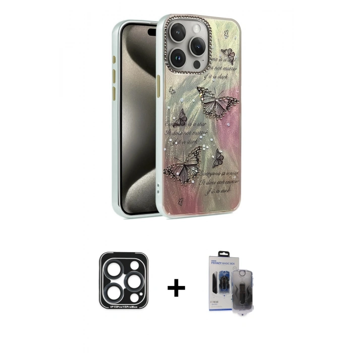 MARSİLYAN™- iPhone 15 Pro Max Kılıf Zirve Modern Prime - Siyah Vanessa Magic Hayalet Cam + PVD Metal Kamera Lens - LT