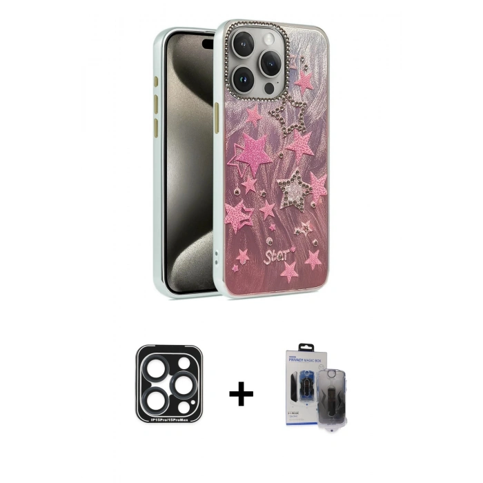 MARSİLYAN™- iPhone 15 Pro Max Kılıf Zirve Modern Prime - Siyah Vanessa Magic Hayalet Cam + PVD Metal Kamera Lens - LT