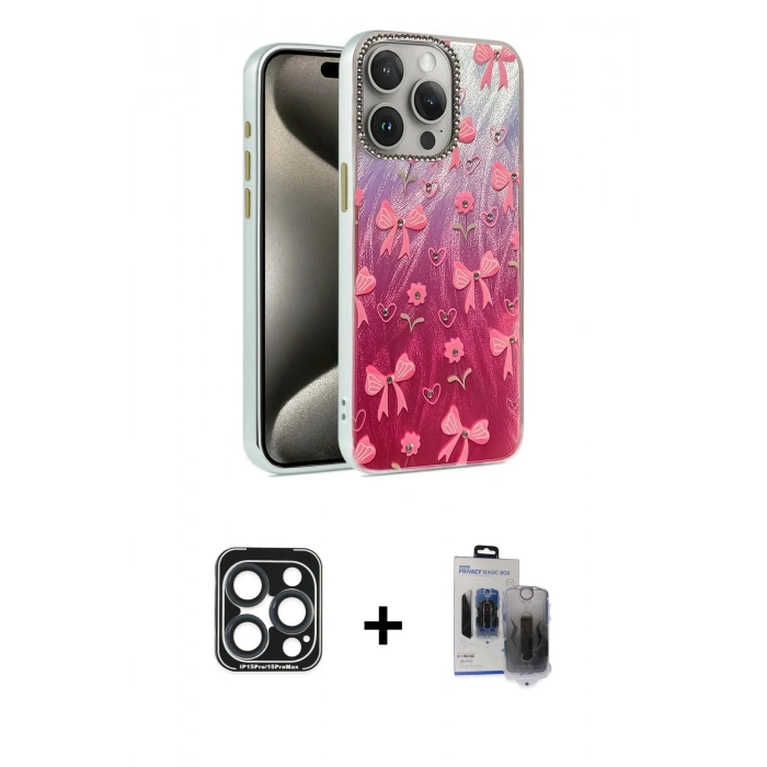 MARSİLYAN™- iPhone 15 Pro Max Kılıf Zirve Modern Prime - Siyah Vanessa Magic Hayalet Cam + PVD Metal Kamera Lens - LT