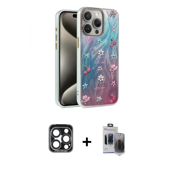 MARSİLYAN™- iPhone 15 Pro Max Kılıf Zirve Modern Prime - Siyah Vanessa Magic Hayalet Cam + PVD Metal Kamera Lens - LT