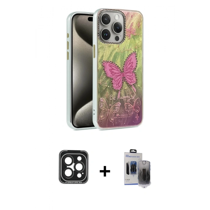 MARSİLYAN™- iPhone 15 Pro Max Kılıf Zirve Modern Prime - Siyah Vanessa Magic Hayalet Cam + PVD Metal Kamera Lens - SH