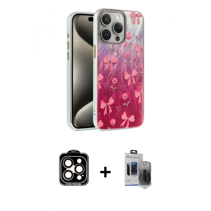 MARSİLYAN™- iPhone 15 Pro Max Kılıf Zirve Modern Prime - Siyah Vanessa Magic Hayalet Cam + PVD Metal Kamera Lens - TU