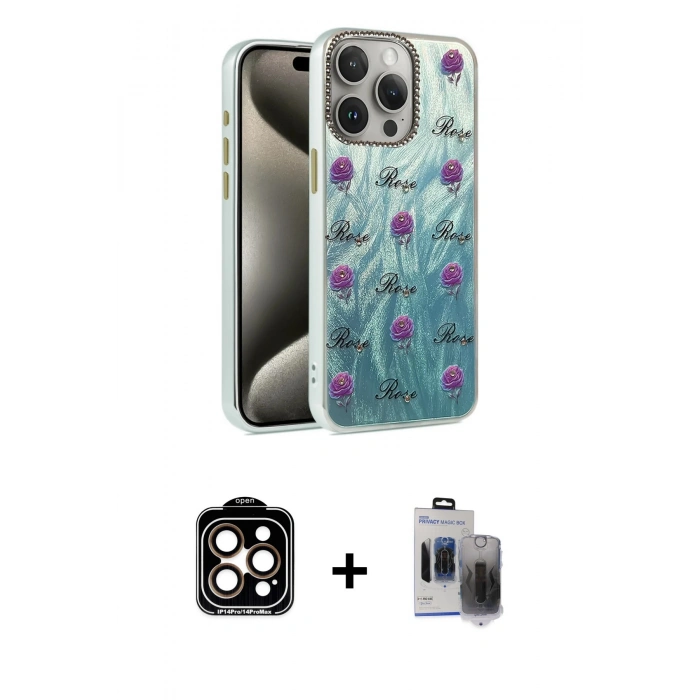 MARSİLYAN™- iPhone 15 Pro Max Kılıf Zirve Modern Prime - Siyah Vanessa Magic Hayalet Cam + PVD Metal Kamera Lens - TU