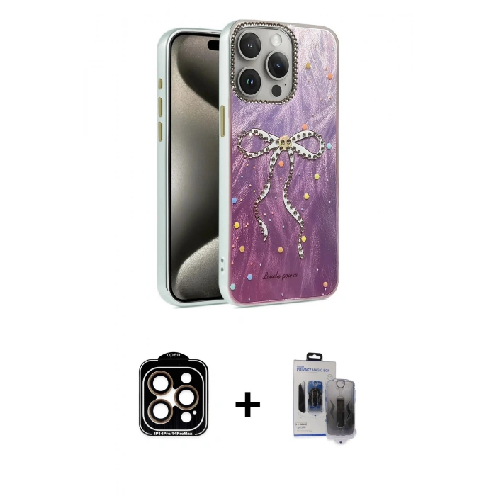 MARSİLYAN™- iPhone 15 Pro Max Kılıf Zirve Modern Prime - Siyah Vanessa Magic Hayalet Cam + PVD Metal Kamera Lens - TU