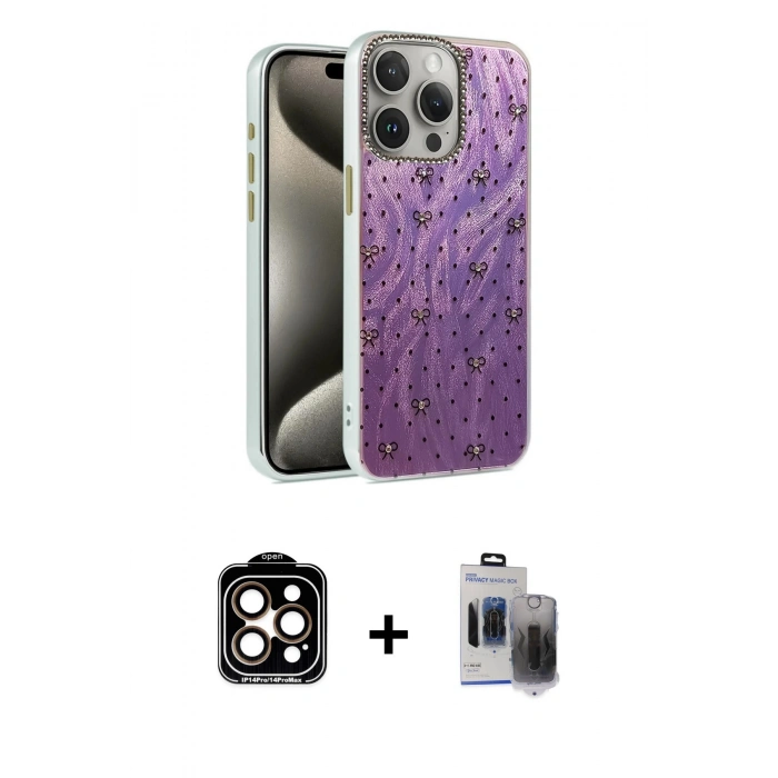 MARSİLYAN™- iPhone 15 Pro Max Kılıf Zirve Modern Prime - Siyah Vanessa Magic Hayalet Cam + PVD Metal Kamera Lens - TU