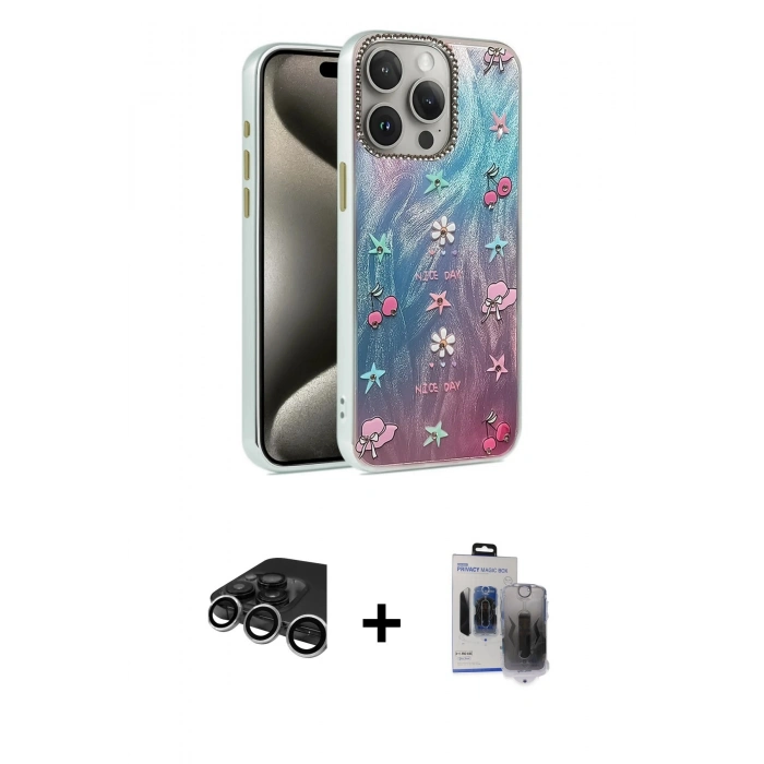 MARSİLYAN™- iPhone 15 Pro Max Kılıf Zirve Modern Prime - Siyah Vanessa Magic Hayalet Cam + Raze Metal Kamera Lens - GS