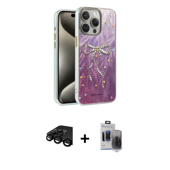 MARSİLYAN™- iPhone 15 Pro Max Kılıf Zirve Modern Prime - Siyah Vanessa Magic Hayalet Cam + Raze Metal Kamera Lens - SH