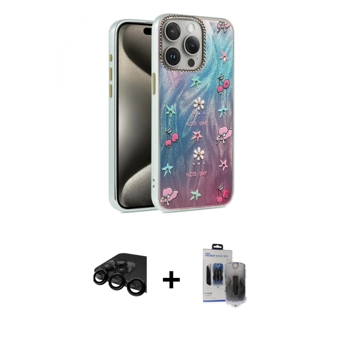 MARSİLYAN™- iPhone 15 Pro Max Kılıf Zirve Modern Prime - Siyah Vanessa Magic Hayalet Cam + Raze Metal Kamera Lens - SH