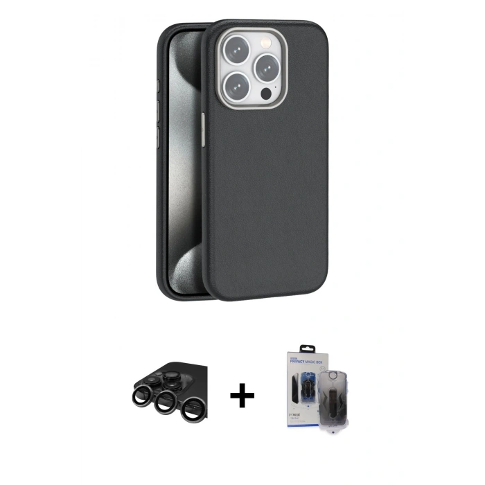 MARSİLYAN™- iPhone 15 Pro Max Kılıf Zirve Modern Prime - Siyah Vanessa Magic Hayalet Cam + Raze Metal Kamera Lens - TMGI