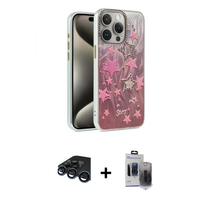 MARSİLYAN™- iPhone 15 Pro Max Kılıf Zirve Modern Prime - Siyah Vanessa Magic Hayalet Cam + Raze Metal Kamera Lens - LT